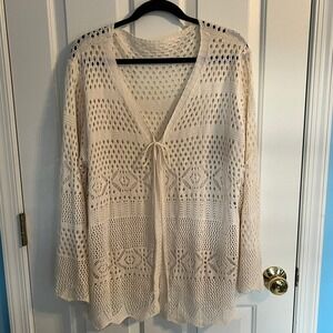 Unbranded Cream Crochet Knit Tie Front Cardigan Bell Sleeve Boho Cover Up 5XL